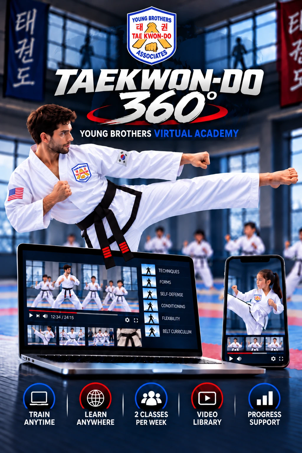 Official Taekwon-Do 360 Young Brothers Virtual Academy poster featuring an instructor demonstrating a side kick, a student and online training on laptop and phone