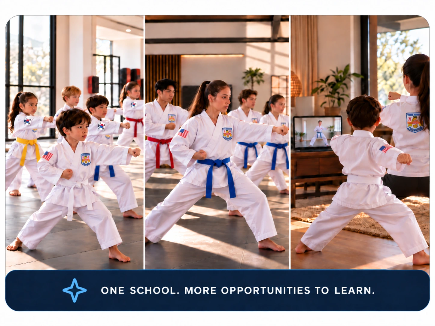 Three scenes of Young Brothers students in white doboks with school crests and national flag patches practicing Taekwon-Do at the dojang and at home